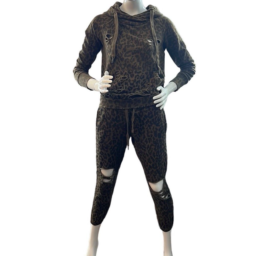 NSF Animal Print Destroyed Pullover Hoodie and Slouchy Sweatpants Set Size S